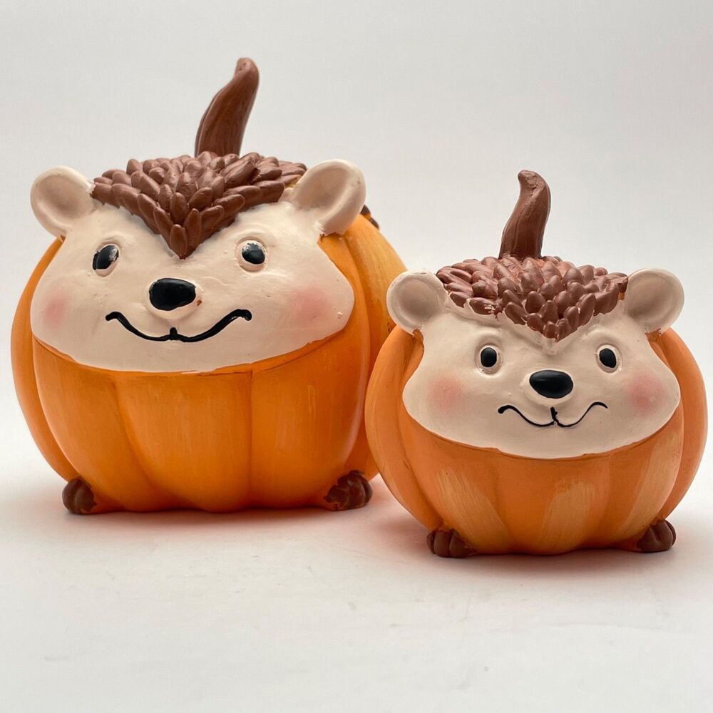 Autumn Tabletop Decor Pair of Ashland Pumpkin Hedgehog Figurines Resin Set